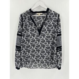 Michael Kors Blouse Womens Medium Blue White Paisley Sheer Buttons Long Sleeves